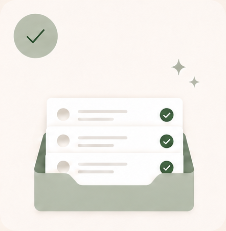 Caixa de e-mail organizada, com checkmarks verdes