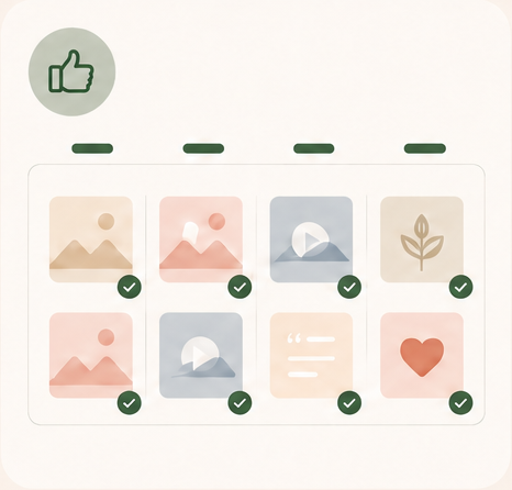 Grade de conteúdo cheia, com checkmarks verdes